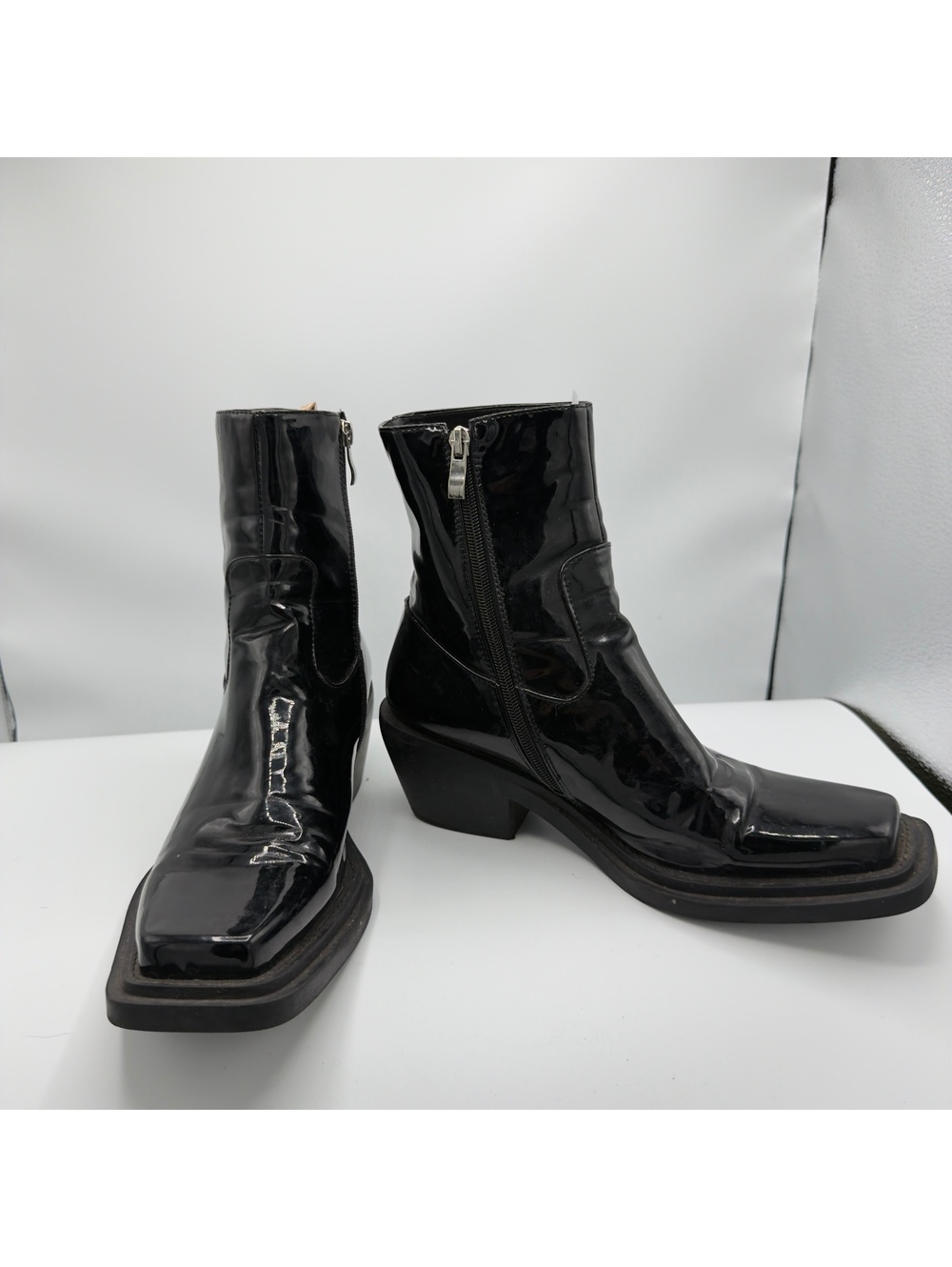 Black Faux Patent Leather Square Toe Ankle Boots Side Zip Block Heel Womens  8